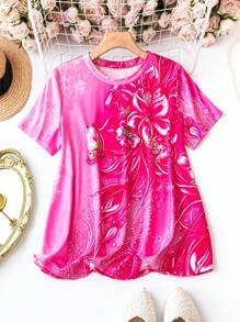 SHEIN LUNE Kích thước lớn Màu hồng Vòng cổ Hoa In Áo thun - Đỏ - Xem 1