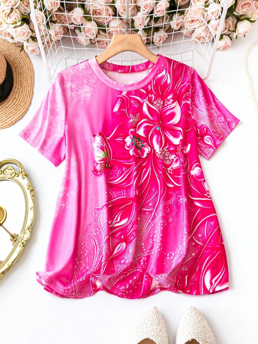 SHEIN LUNE Kích thước lớn Màu hồng Vòng cổ Hoa In Áo thun - Đỏ - Xem 1