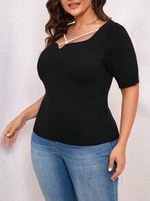 SHEIN Clasi Women's Plus Size Asymmetric Neck Ribbed Knit Top - Black - View 3