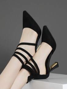 Women's Pointed Toe Chunky Heels Slip-On High Heels With Back Zipper And Strap