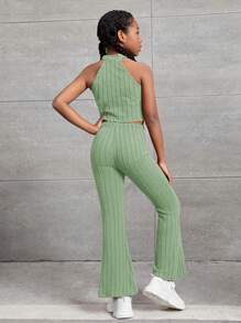 SHEIN Tween Girls' Ribbed Knit Sleeveless Halter Top And Flared Pants Set - Lime Green - View 2