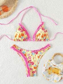 Swim Mod Summer Beach Ditsy Floral Ruffled Bikini Set With Separated Top And Bottom Music Festival - Multicolor - View 1
