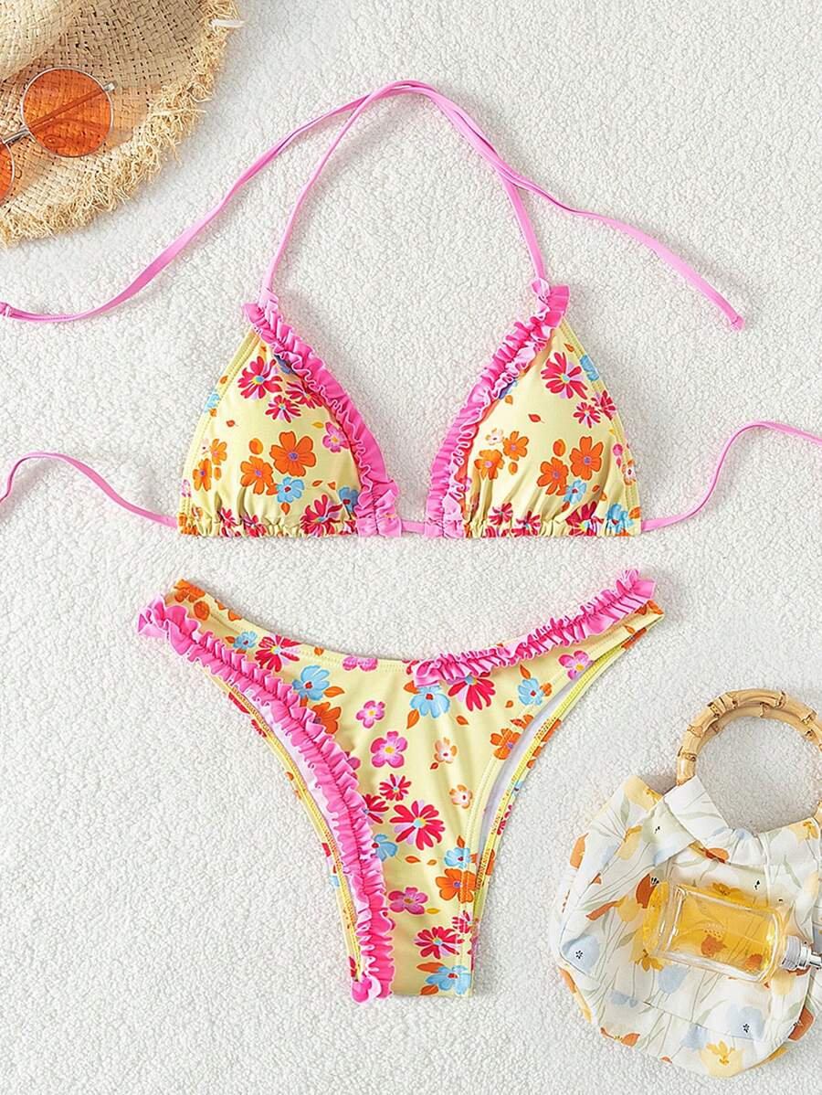 Swim Mod Summer Beach Ditsy Floral Ruffled Bikini Set With Separated Top And Bottom Music Festival - Multicolor - View 1