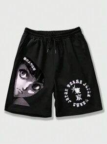 ROMWE MEN Men's Anime Print Shorts Suitable For Daily Wear In Spring And Summer - Black - View 6
