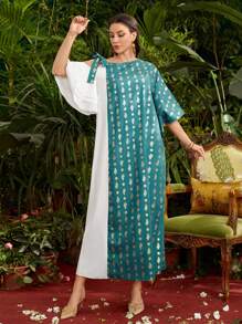 Divindia Women'S Color Block Patchwork Dress With Asymmetrical Collar, Foil Print - Multicolor - View 3