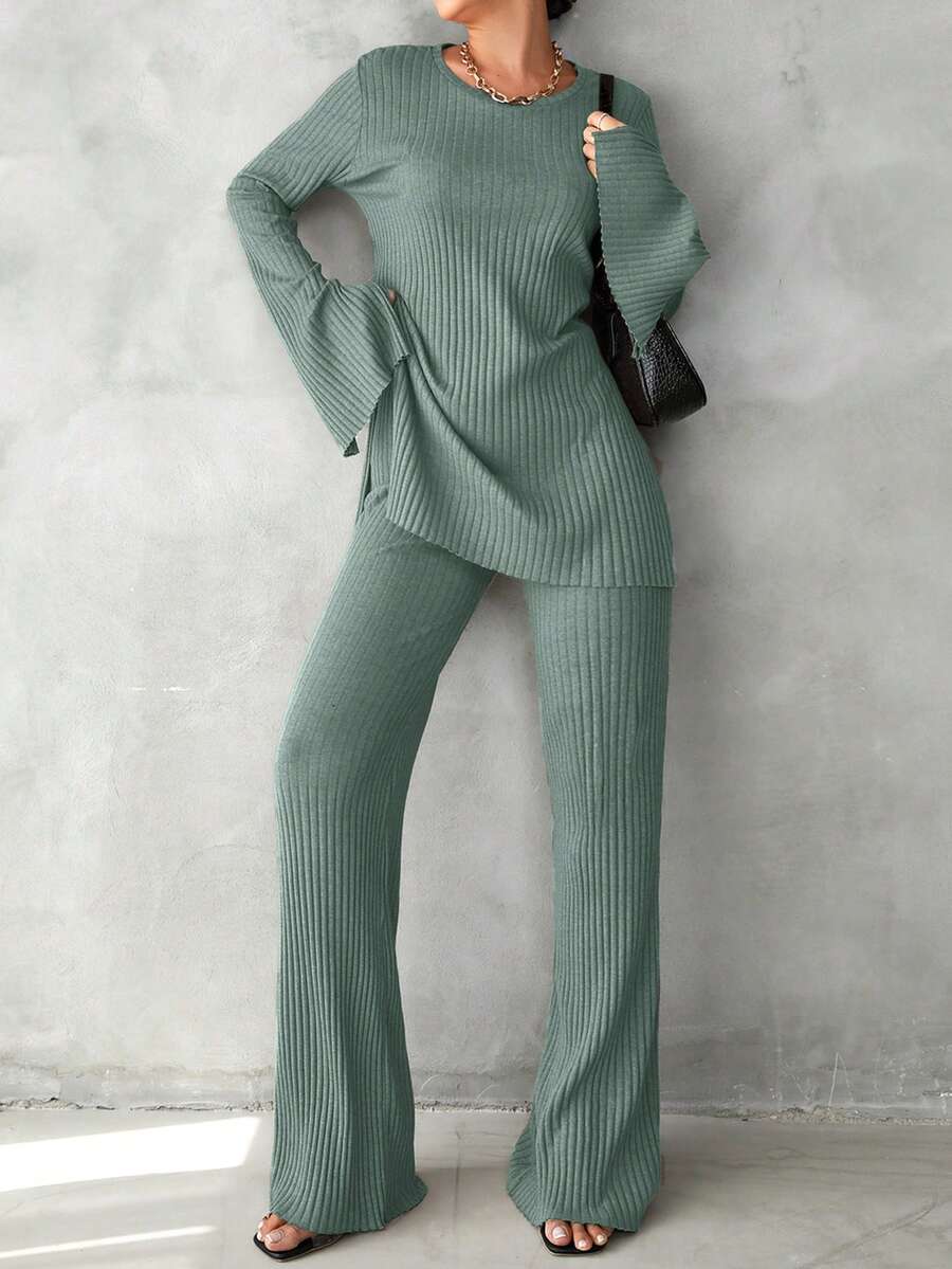 RueChic 針織短袖t恤和褲子套裝,設有分裂袖和鬆緊下擺 - 薄荷綠 - 查看 1