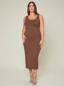 EMERY ROSE Plus Solid Bodycon Casual Dinner Dating Dress - Brown - View 3