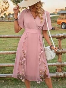 SHEIN LUNE Women'S Floral Embroidery Mesh Splicing Dress - Pink - View 1