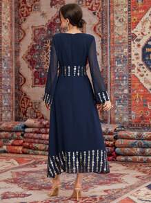 Al Najma Của phụ nữ Tay áo dài Lưới Đầm Với In Hình học Và Gold Foil Chi tiết - Màu xanh hải quân - Xem 5