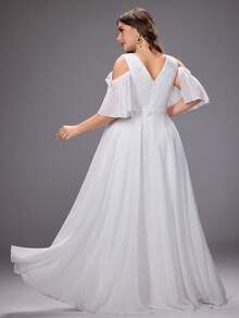 Vestido de novia de talla grande con hombros abiertos, bordado y patchwork - Blanco - Ver 2
