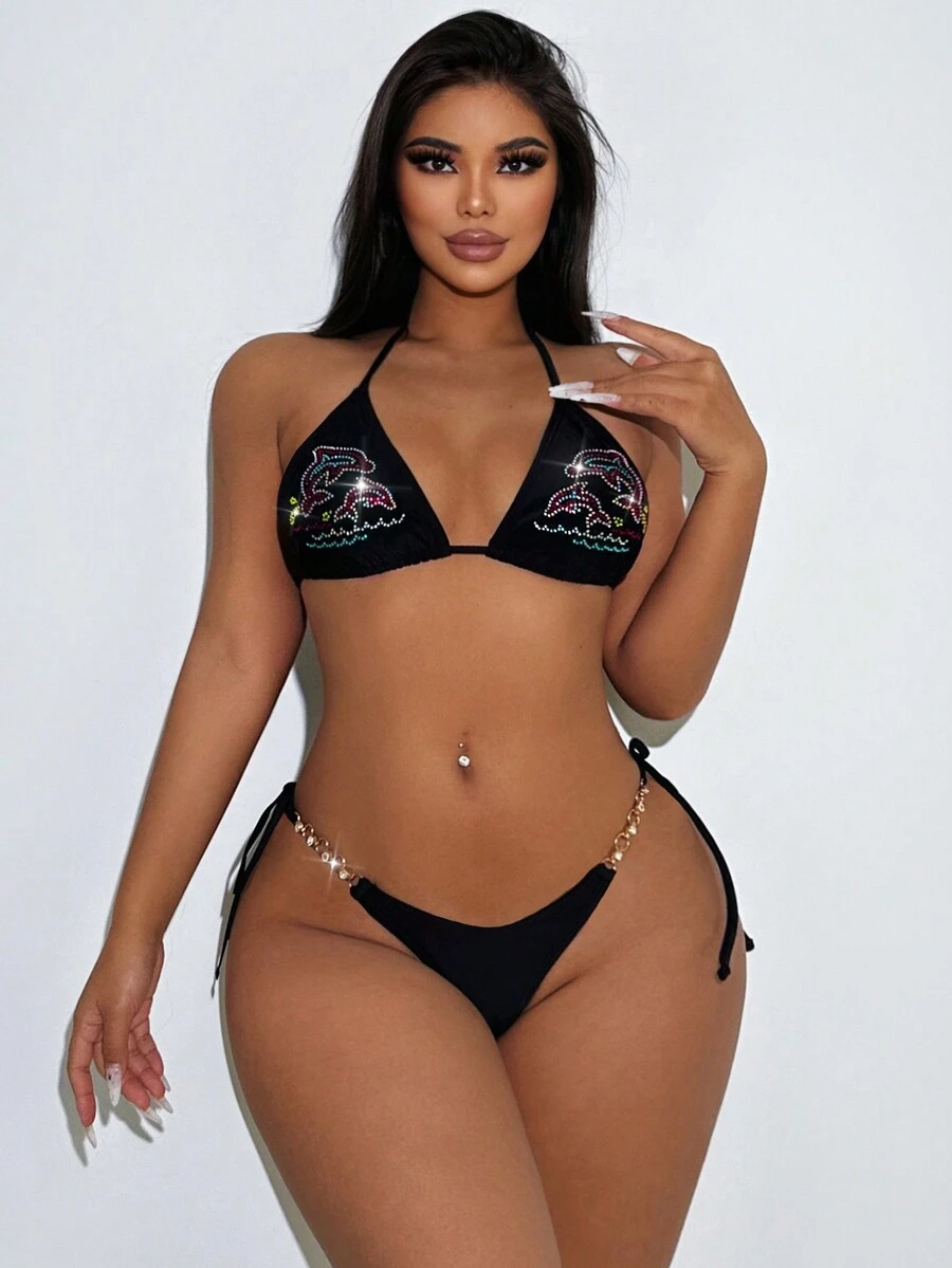 Women's Rhinestone Dolphin Patterned Separated Bikini Set Summer Beach - Black - View 1