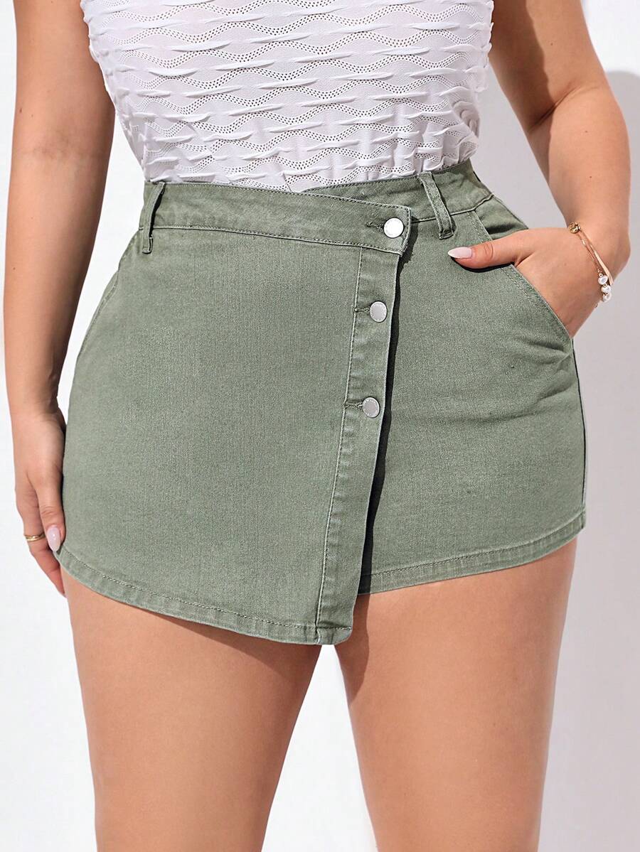 SHEIN Essnce Kích thước lớn Đúng mốt Màu xanh lá Váy Denim Quần short - xanh quân đội - Xem 1