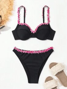 SHEIN Swim Summer Beach Floral Embroidery Patchwork Bikini Set