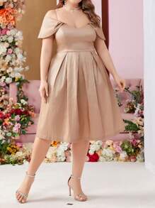 SHEIN Belle Belt Included, Off Shoulder, Fluffy Princess Dress, Plus Size Evening Party Dress - Apricot - View 1