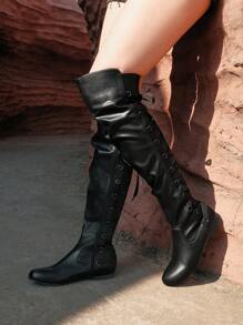 Women's Black FashionablePU Over-The-Knee Boots Flat Heel Slip-On Soft Leather Casual And Elegant Boots Ankle Boots