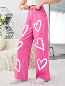 SHEIN 少女丁麻布心形圖案休閒長褲,帶有斜口袋 - 玫紅色 - 查看 5