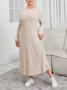 SHEIN Essnce Kích thước lớn Vòng cổ Tay áo dài Đầm - Màu Khaki - Xem 5