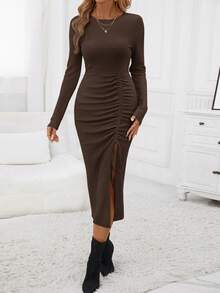 SHEIN Clasi 女士實色束腰側開叉連身裙 - 咖啡 - 查看 4