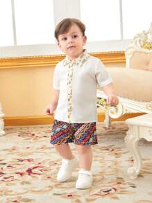 Conjunto De Camisa Y Pantalones Cortos De Manga Corta Con Estampado Para Bebé Niño - Multicolor - Ver 1