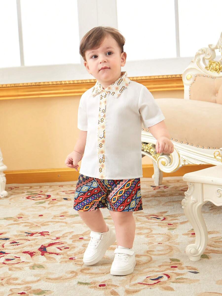 Conjunto De Camisa Y Pantalones Cortos De Manga Corta Con Estampado Para Bebé Niño - Multicolor - Ver 1