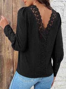 SHEIN Frenchy Valentine's Day Solid Color Texture Lace Patchwork Shirt Summer Black Casual - Black - View 1