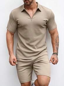 Men'S Solid Color Half-Zip Polo Shirt And Shorts Set - Khaki - View 8