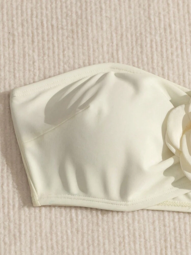 Summer Women's Solid Color Strapless Bikini Set With 3d Flower Decoration Wedding