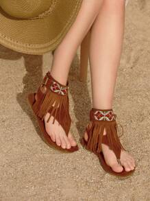 Styleloop 女士棕色刺绣流苏凉鞋平底靴，露趾设计，适合秋季，罗马风格，时尚女性搭配连衣裙，适合海滩或海边户外活动，波西米亚风格人字平底凉鞋，非常适合夏季度假鞋夏季特卖波西米亚风格复古乡村风法式鞋万圣节圣诞节秋季 - 棕色 - 查看 4