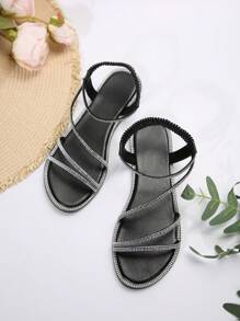 Flat Sandals For Women, Roman Style With Rhinestones, Elastic Strap, Metal Circle Toe Ring Valentines