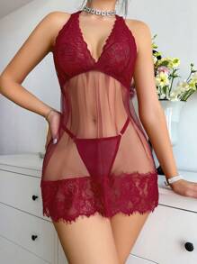 Women's Lace & Mesh Contrast Halter Neck Babydoll Lingerie Dress - Burgundy - View 4