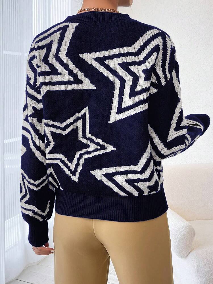 Women's Star Pattern Round Neck Drop-Shoulder Sweater, Knit Pullover Fall Winter