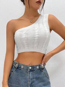 Flirla 女士单肩无袖针织短款上衣 - 白色 - 查看 6