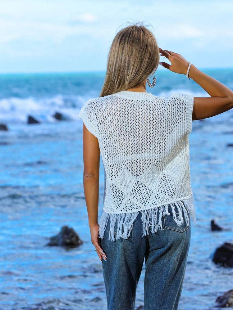 Knitted Sweater Vest With Tassel Hollow Out Hem
