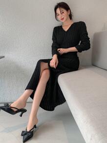 DAZY Ladies' Solid Color Jacquard Side Slit Dress,Fall Dress Long Sleeve Dress - Black - View 7