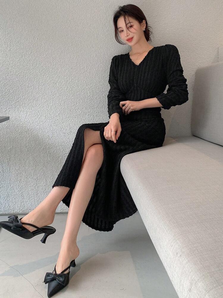 Ladies' Solid Color Jacquard Side Slit Dress,Fall Dress Long Sleeve Dress