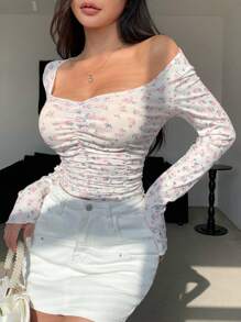 DAZY Women's Slim Fit Ruched Ditsy Floral Long Sleeve T-Shirt Summer - Baby Pink - View 8