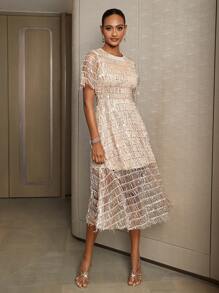 SHEIN Belle Women's Sequin Mesh Short Sleeve Cocktail Party Dress With Patchwork - Apricot - View 4