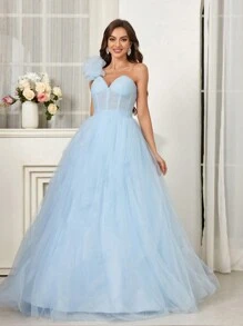 SHEIN Belle Floare tridimensională pentru femei, cu un singur umăr, cu talie în piept, subțire, în os de pește, îndoire manuală, asimetrică mare, plasă leagăn, prințesă, rochie de cină sexy, rochii de bal femeie formale - Bleu - Vizualizare 4