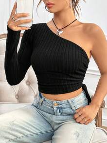 SHEIN Unity Women's One Shoulder Ribbed Cropped Top - Black - View 4