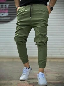 Manfinity Homme 男士绿色带口袋慢跑裤，纯色橄榄绿色长款抽绳休闲裤，适合丈夫、男朋友的礼物，男士橄榄绿色慢跑裤，男士绿色裤子，男士慢跑裤 - 軍綠色 - 查看 3