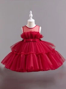 SHEIN Glamorique Kids 年輕女孩多層次色彩繽紛的晚禮服，長尾紗裙適用於婚禮、生日派對做花童禮服 - 酒紅色 - 查看 3