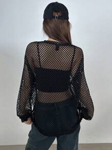 DAZY Áo lưới mỏng dáng rộng cho nữ, áo đi chơi lễ hội, áo dài tay cho nữ, quần áo mùa thu cho nữ - màu đen - Xem 2