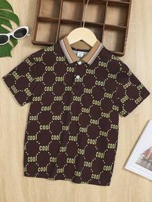 SHEIN Tween男孩休閒舒適全字母印花短袖polo衫 - 棕色 - 查看 2