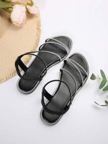 Flat Sandals For Women, Roman Style With Rhinestones, Elastic Strap, Metal Circle Toe Ring Valentines