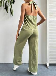 SHEIN Essnce 女性純色露背背心上衣和寬腳褲休閒兩件套裝 - 綠色 - 查看 2