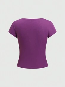 ROMWE Grunge Punk Vintage Grunge Style Valentine's Day Heart & Vine Distressed Print Women's Short Sleeve Slim Fit Waist Cinched T-Shirt, School - Purple - View 2