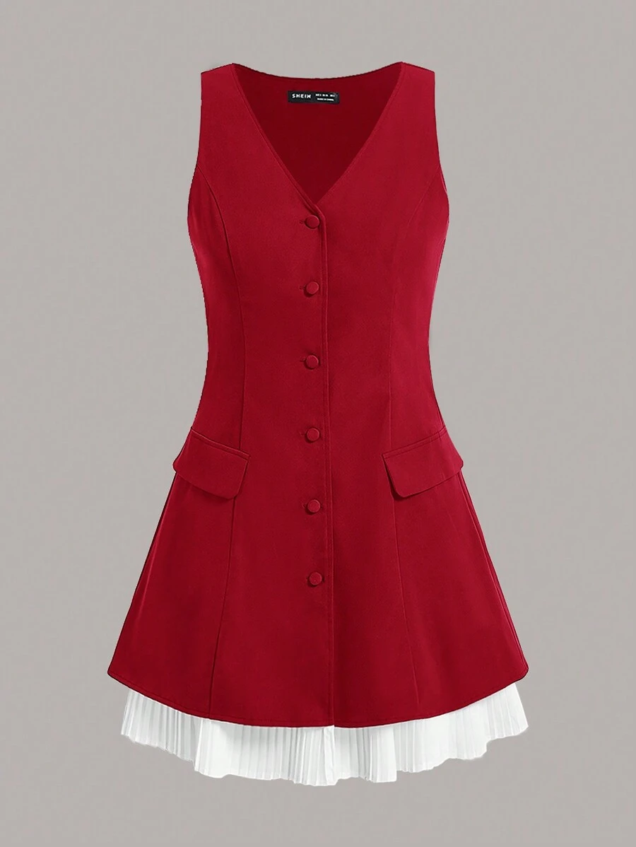 COSMINA Women'S Sleeveless Suit Style Color Block Casual Dress - Red - View 1