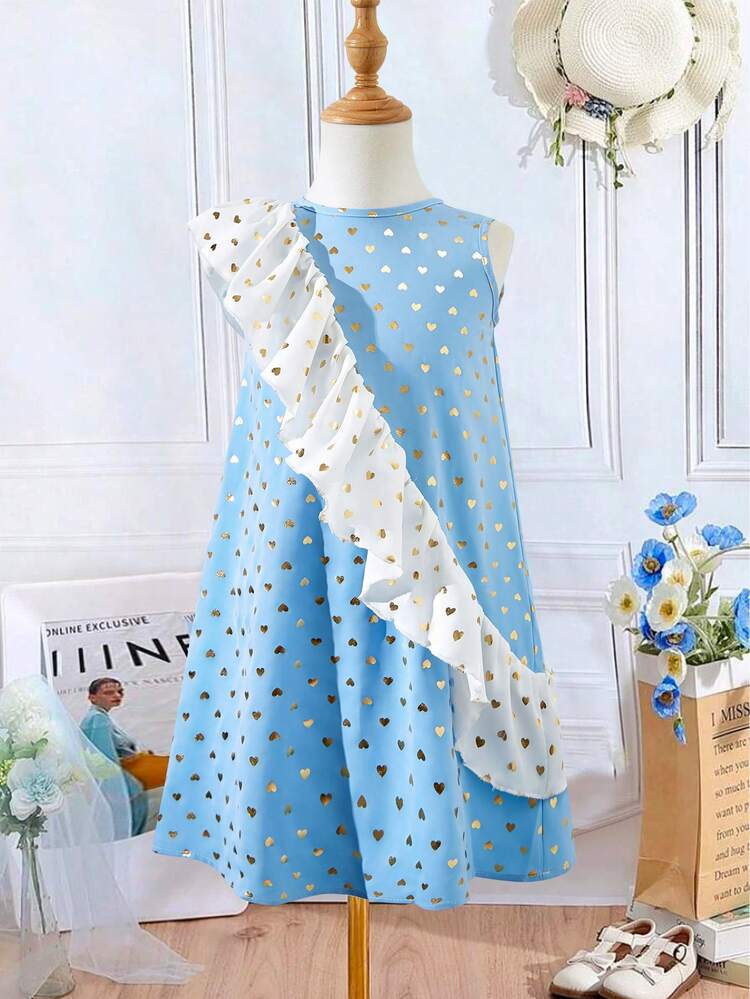 Young Girl's Blue & White Heart Printed Puffy Tank Dress With Gold Foil Detail