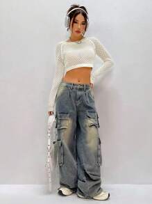 Flirla 女士镂空插肩袖长袖短款针织套头衫秋冬毛衣 - 杏色 - 查看 6