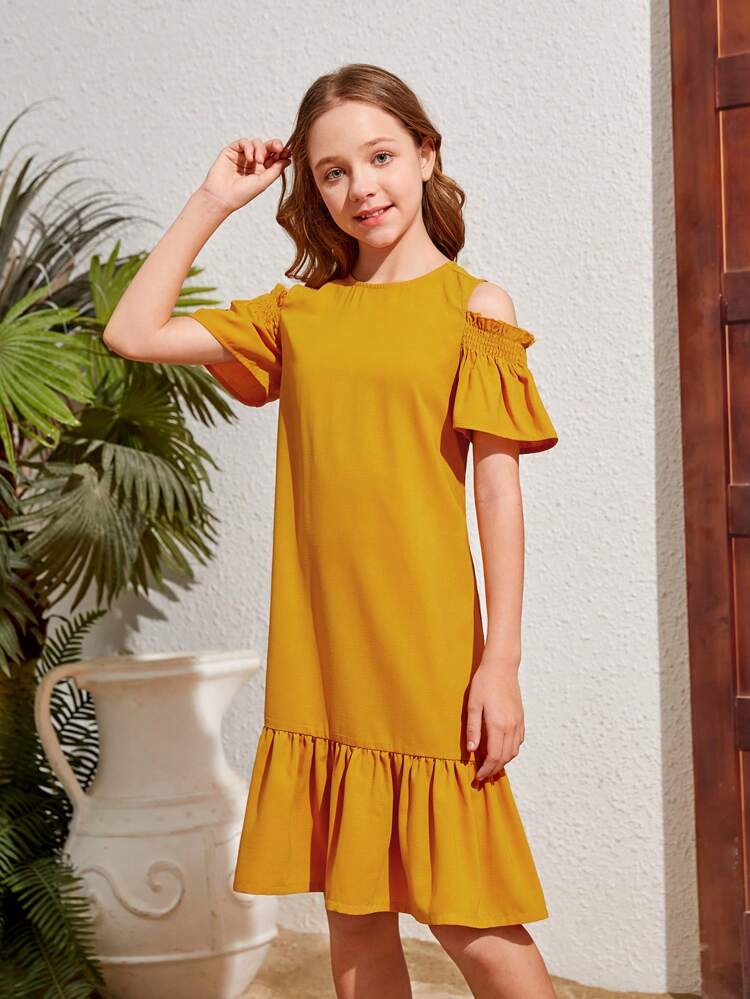 Tween Girls' Plain Color Off-Shoulder Ruffle Trim Dress